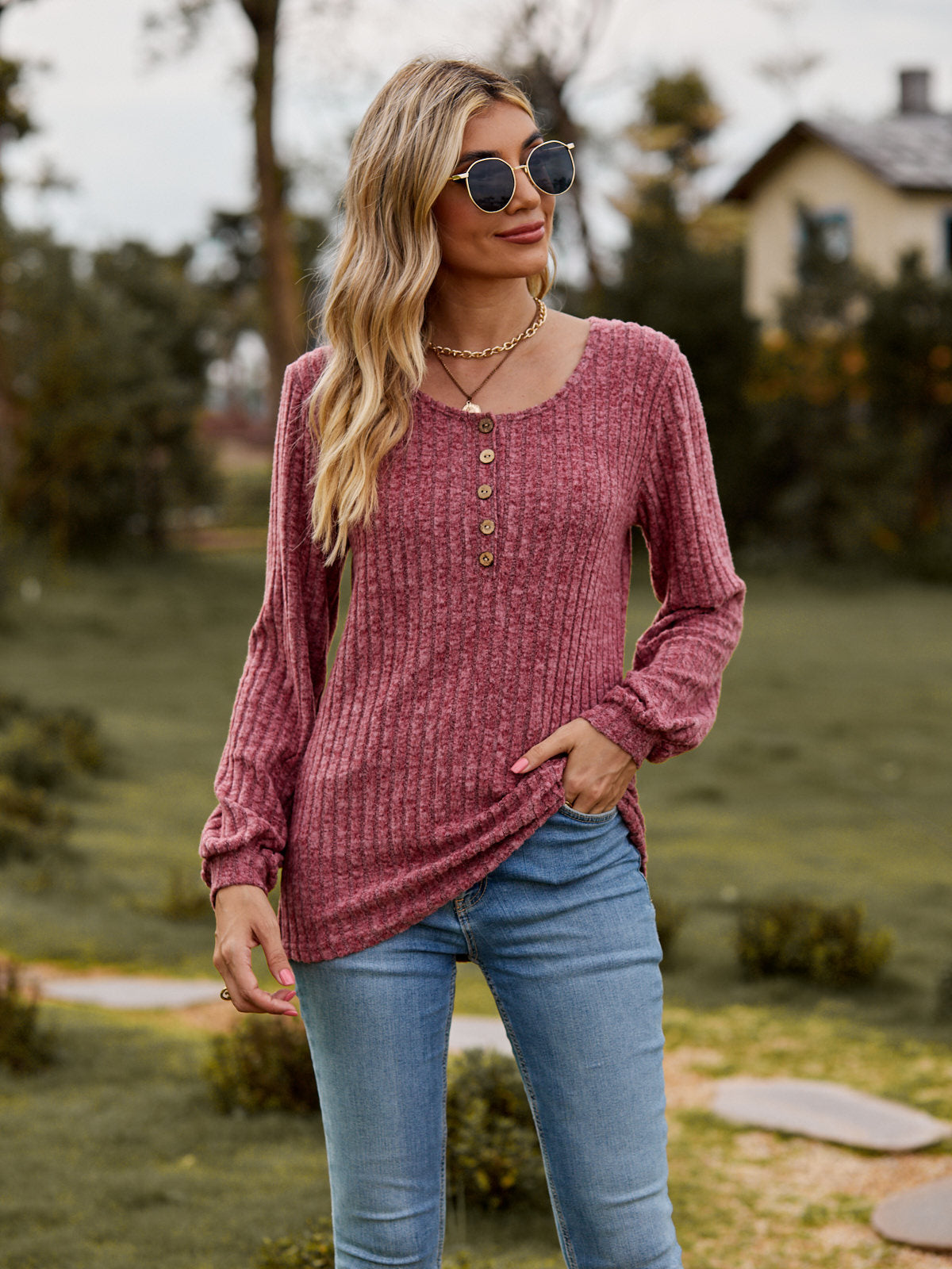 Ribbed Button Front Long Sleeve Knit Top for Women