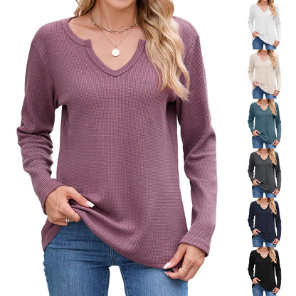Women's Waffle Knit V-Neck Long Sleeve Loose Fit Top