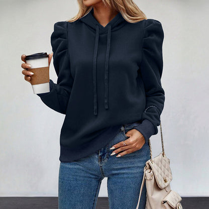 Puff Sleeve Hoodie Women Casual Pullover Sweatshirt Top