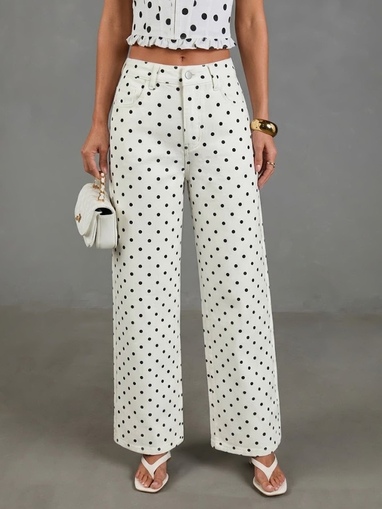 Women's Polka Dot High Waist Wide Leg Washed Denim Jeans