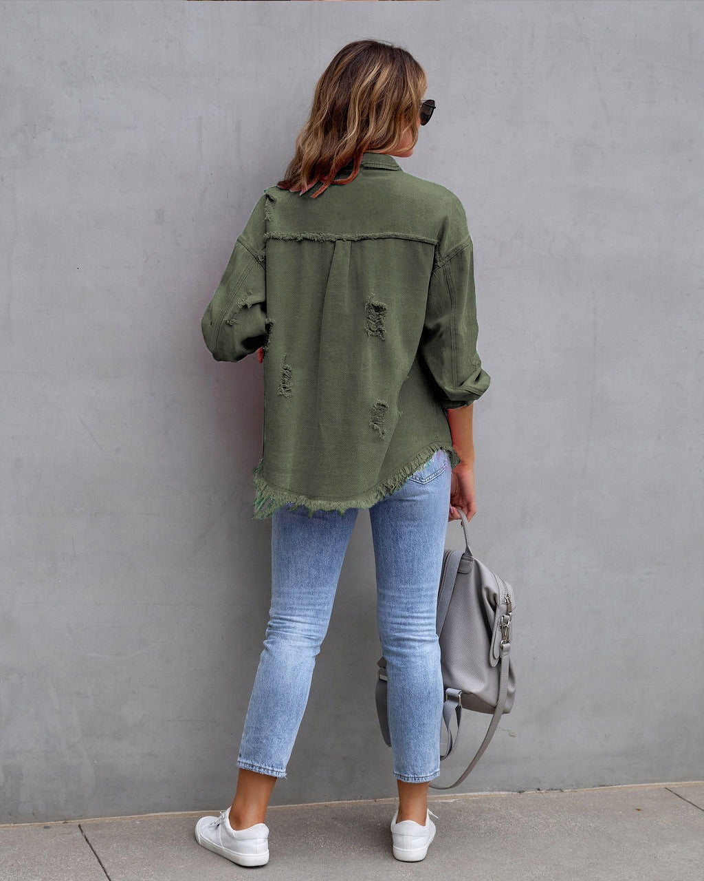 Women's Oversized Denim Jacket Distressed Frayed Hem