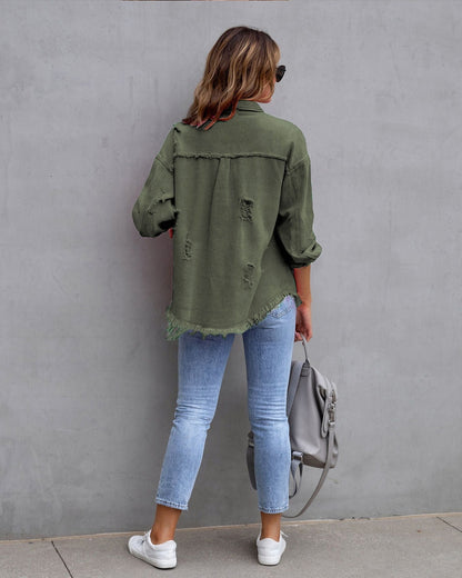 Women's Oversized Denim Jacket Distressed Frayed Hem