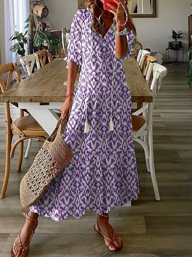 Women's Boho Floral V-Neck Tassel Maxi Dress Flowy