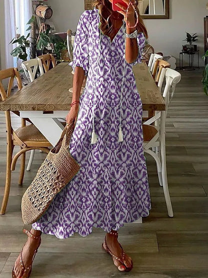 Women's Boho Floral V-Neck Tassel Maxi Dress Flowy