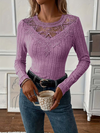 Women's Lace Panel Ribbed Long Sleeve Top