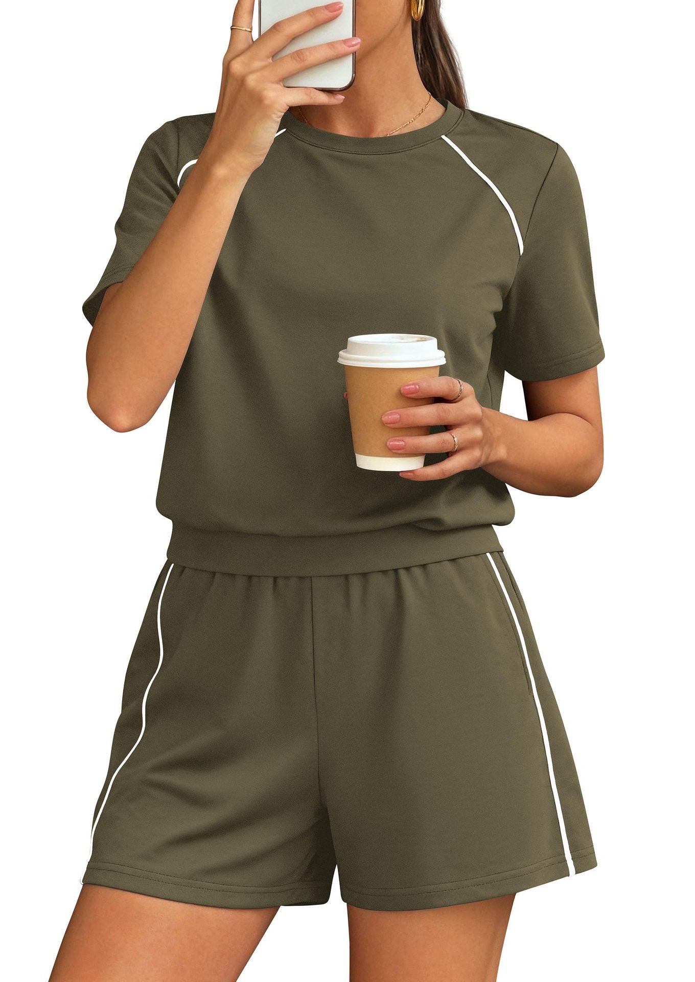 Athletic Lounge Set Contrast Trim Shorts 2 Piece Outfit