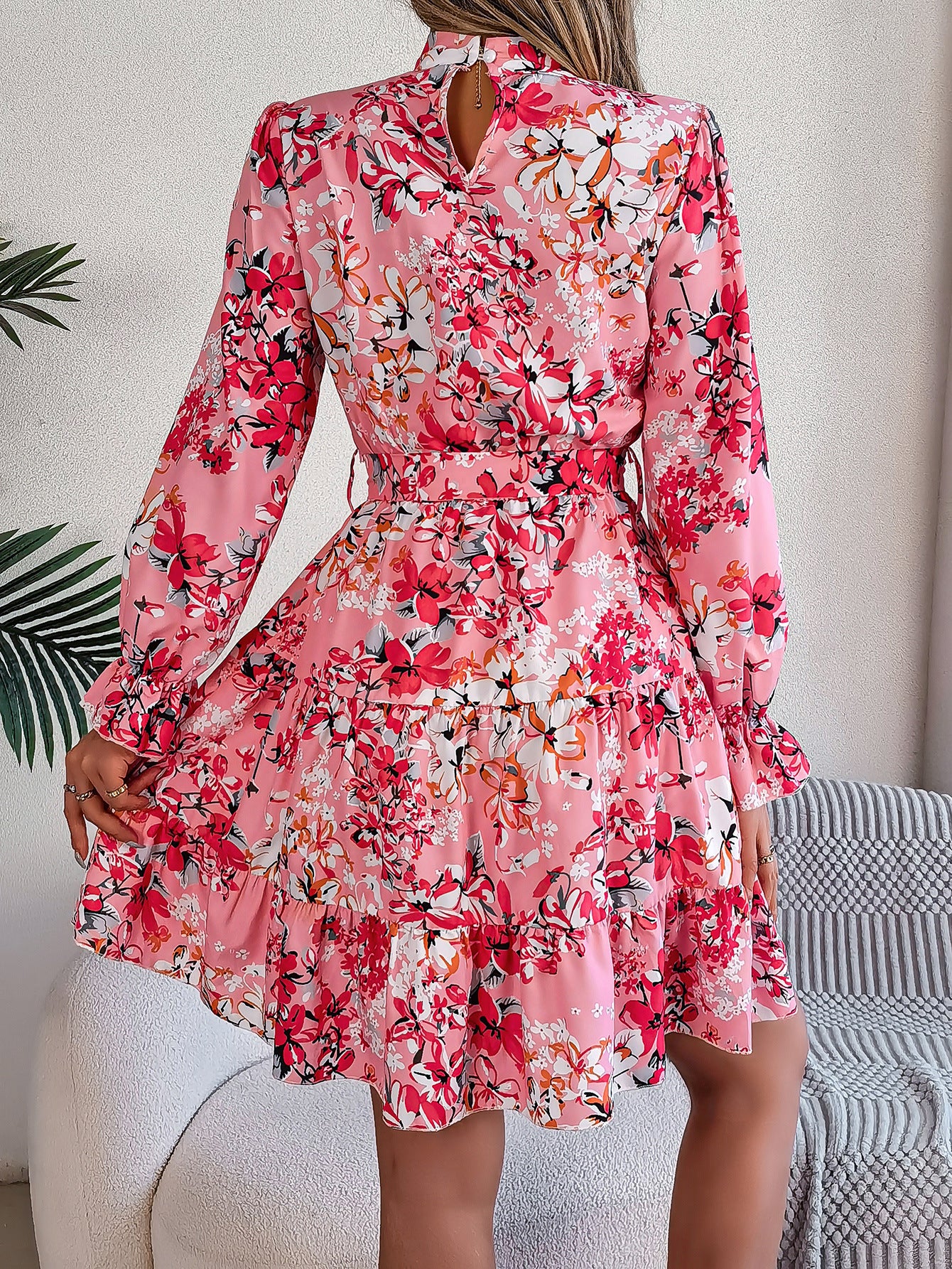 Elegant Floral High Neck Ruffle Waist A-Line Dress