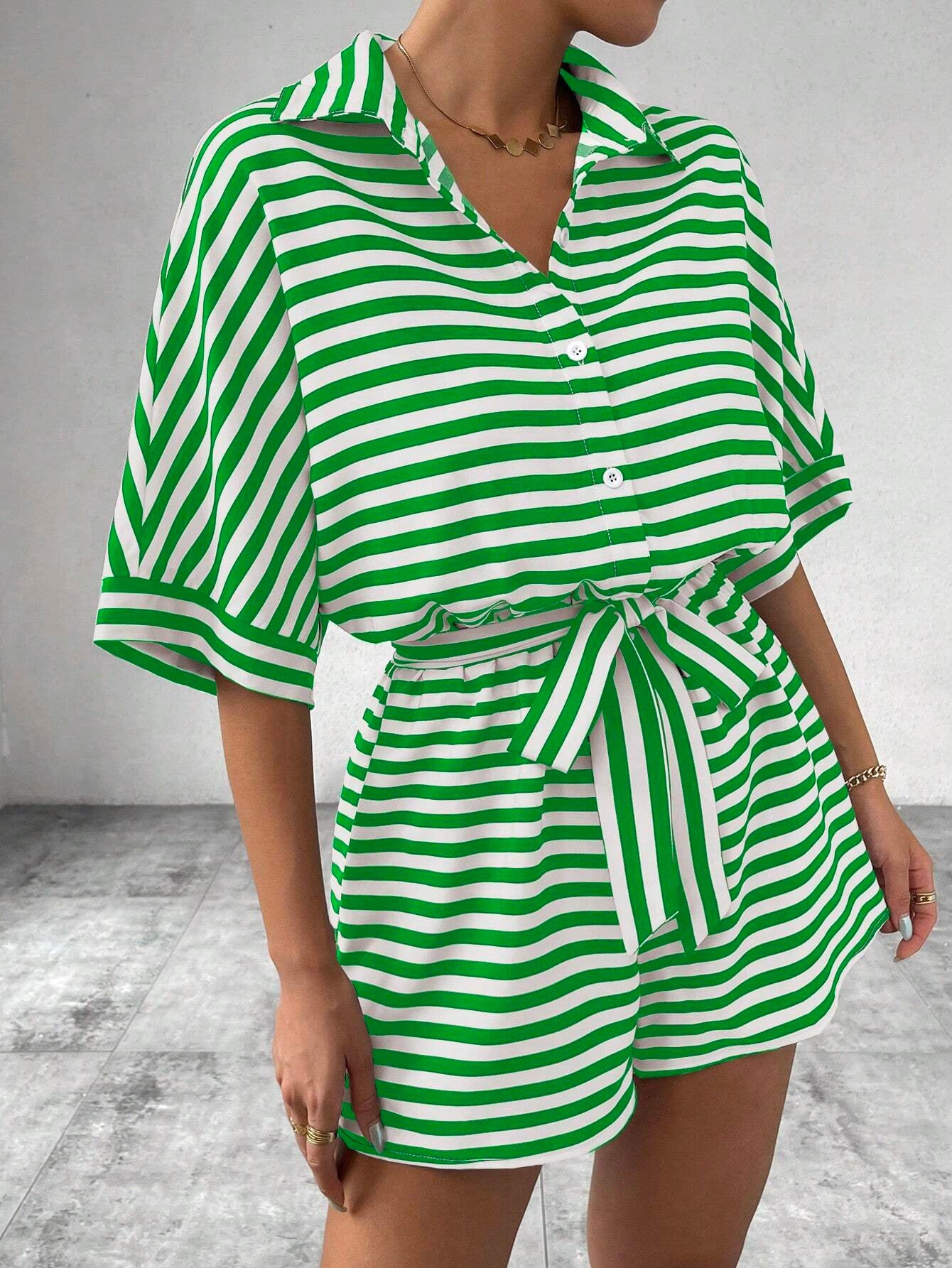 Striped Belted Button Down Romper with Half Sleeves