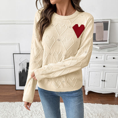Valentine Heart Pointelle Crew Neck Knit Sweater