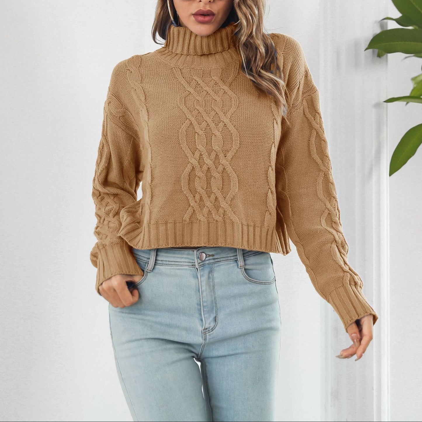 Women's Oversized Cable Knit Turtleneck Crop Sweater