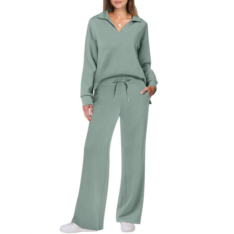 Women's 2-Piece Set Collared Top Drawstring Wide Leg Pants