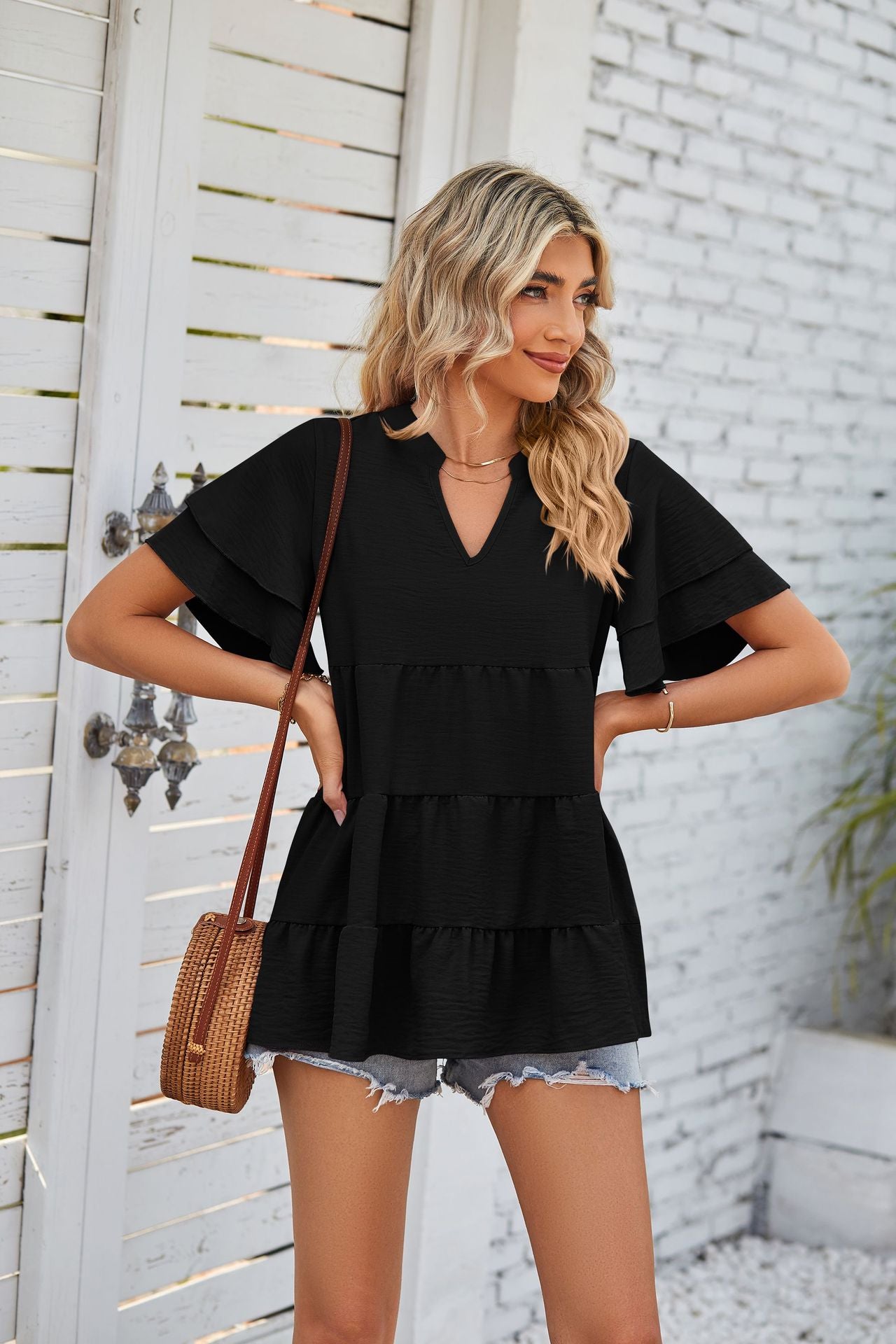 V-Neck Double-Sleeve Sweet Doll Shirt