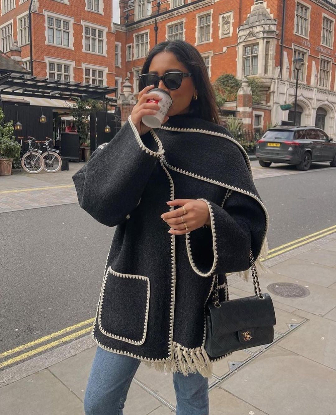 Women's Oversized Faux Wool Scarf Coat With Fringe