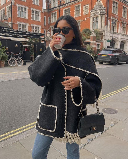 Women's Oversized Faux Wool Scarf Coat With Fringe