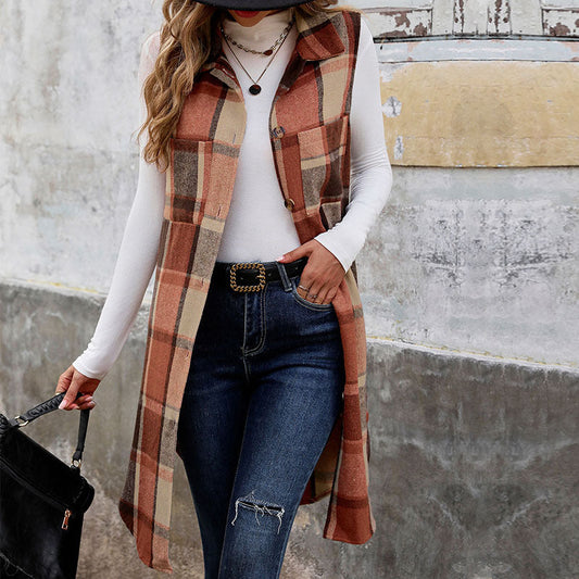 Vintage Plaid Sleeveless Lapel Vest Cardigan for Women