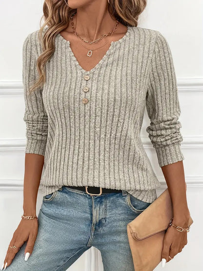 Women's Ribbed Long Sleeve V-Neck Button Casual Top