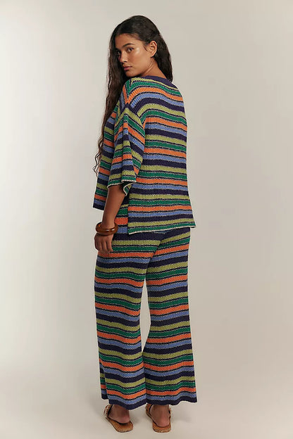 Boho Striped Knit Two Piece Set Wide Leg Pants