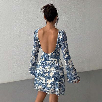 Blue Printed Mesh Dress Backless Bell Sleeve Summer Mini