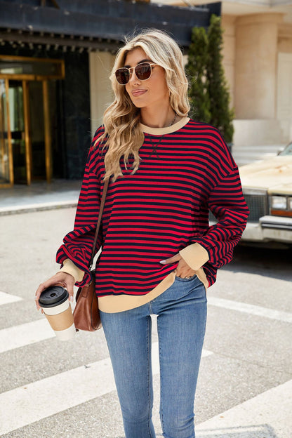 Striped Color Block Crew Neck Loose Fit Long Sleeve Sweatshirt