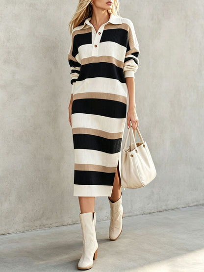 Women's Striped Polo Sweater Dress Long Sleeve Midi Slit