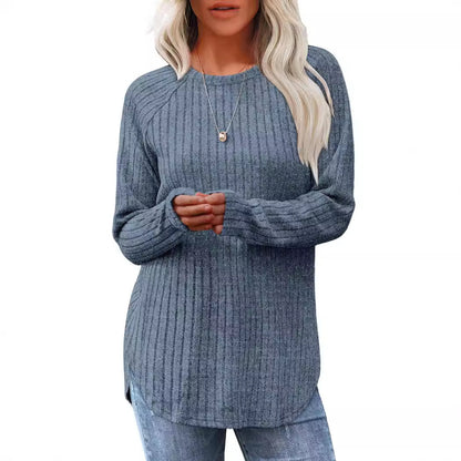 Women's Ribbed Long Sleeve Tunic Top Curved Hem Crew Neck