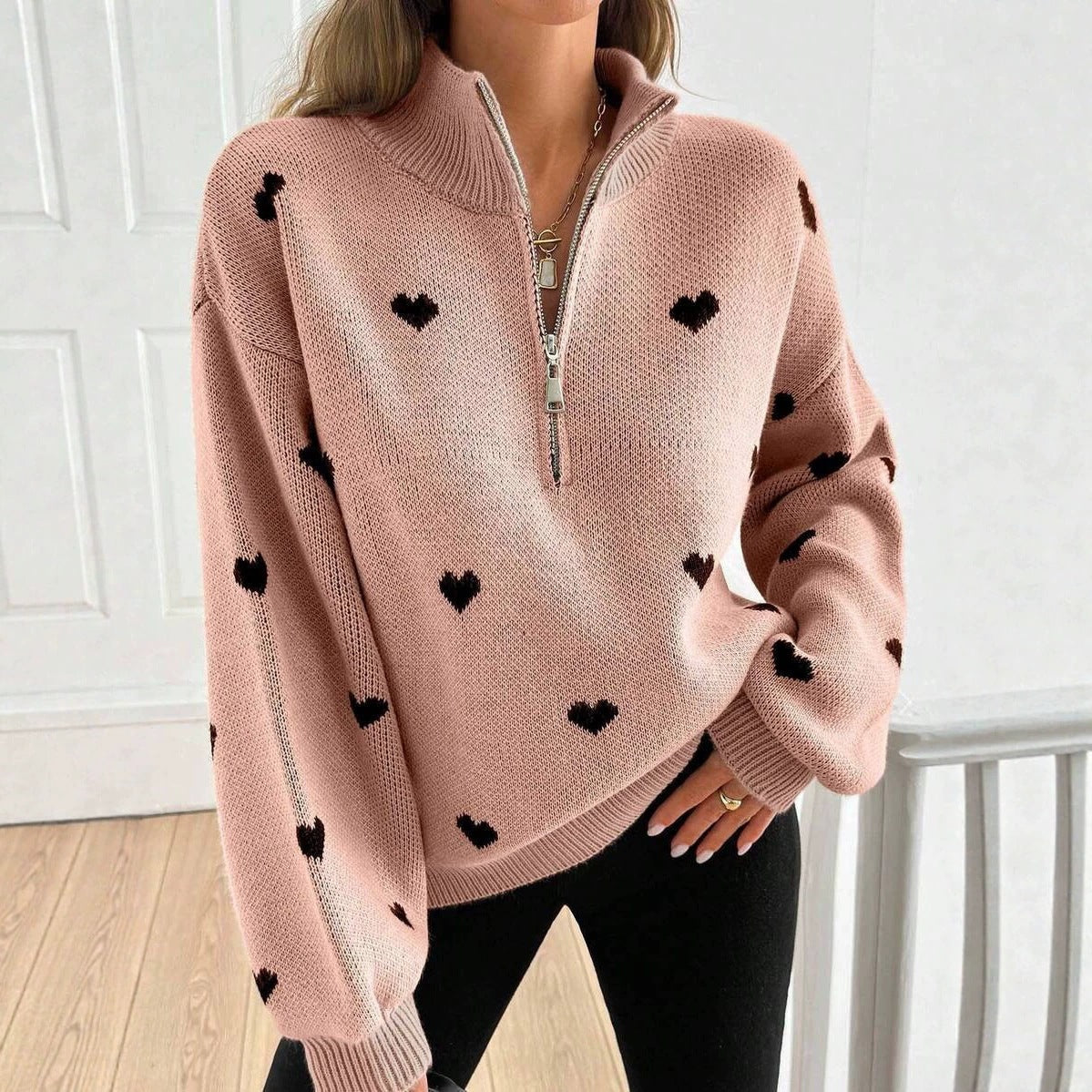 Women's Oversized Heart Print Quarter Zip Knit Sweater