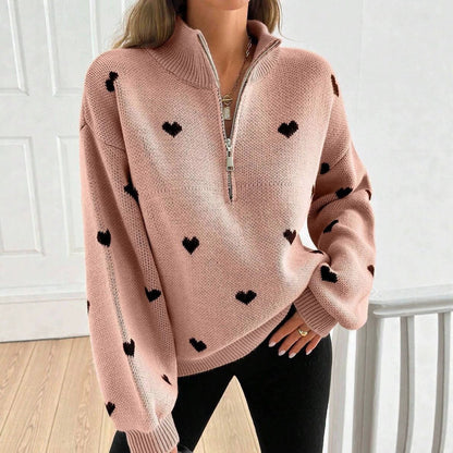 Women's Oversized Heart Print Quarter Zip Knit Sweater