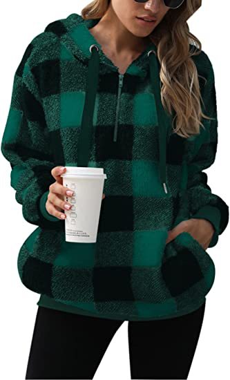 Women's Plaid Sherpa Hoodie Oversized Fleece Pullover