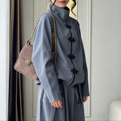 Chinese Frog Button Two Piece Set Wide Leg Pants