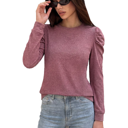 Women's Puff Sleeve Crew Neck Long Sleeve Solid Casual Top
