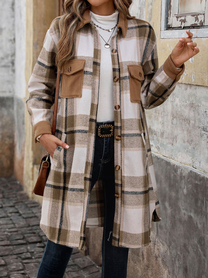 Plaid Shirt Jacket for Women - Long Button Front Coat