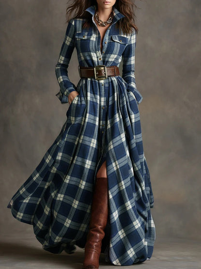 Plus Size Plaid Maxi Shirt Dress Belted Long Sleeve