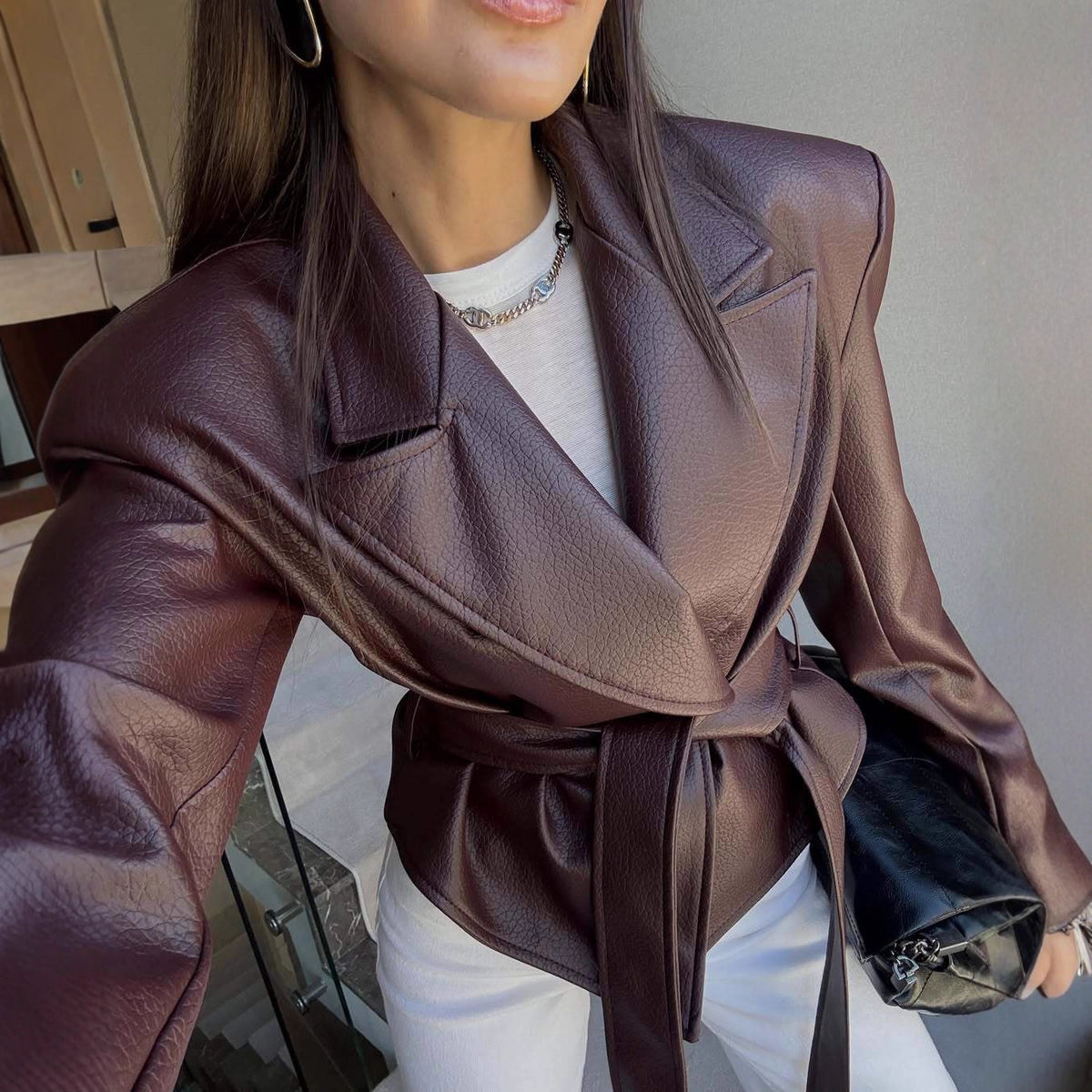 Belted Faux Leather Jacket Women Moto Blazer