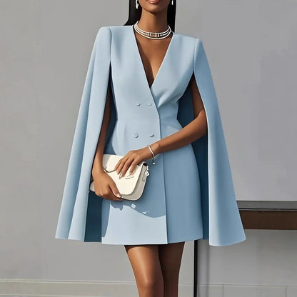 Women Cape Blazer Dress Double Breasted Formal Work Dress