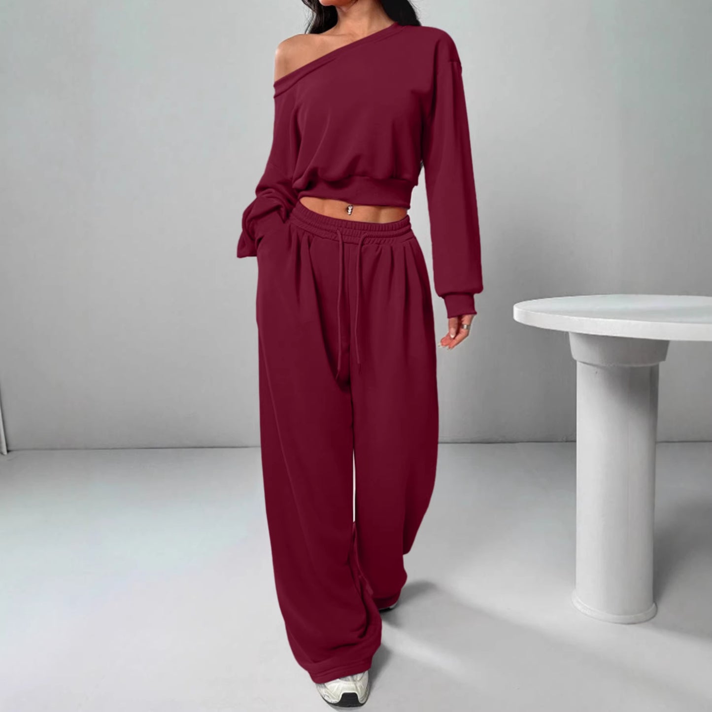 Off Shoulder Crop Sweatshirt Wide Leg Sweatpants Set