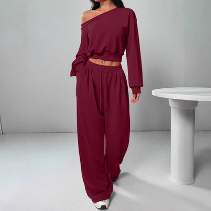 Off Shoulder Crop Sweatshirt Wide Leg Sweatpants Set