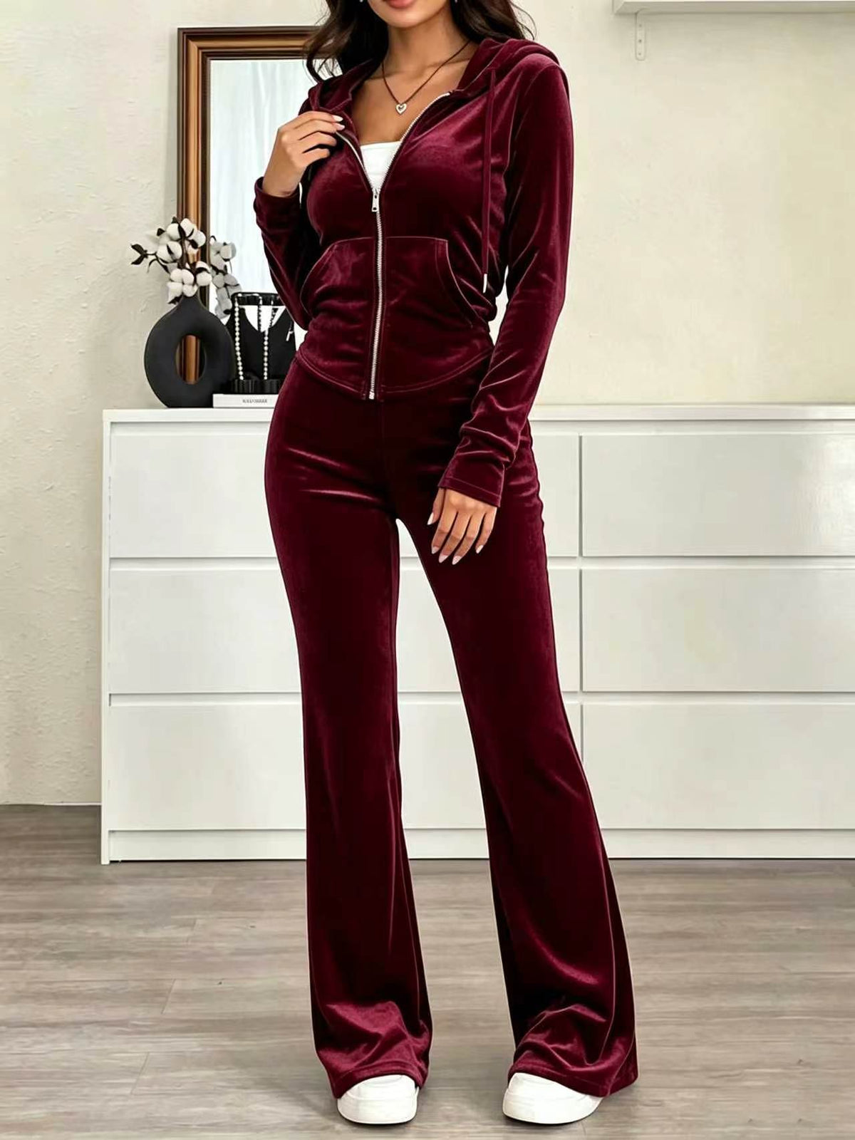 Women's Velvet Tracksuit Zip Hoodie & Flare Pants Set