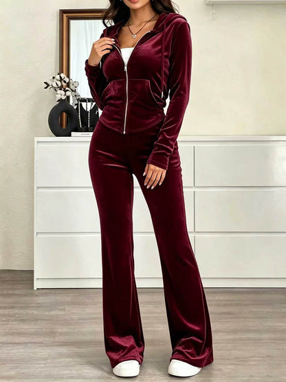 Women's Velvet Tracksuit Zip Hoodie & Flare Pants Set