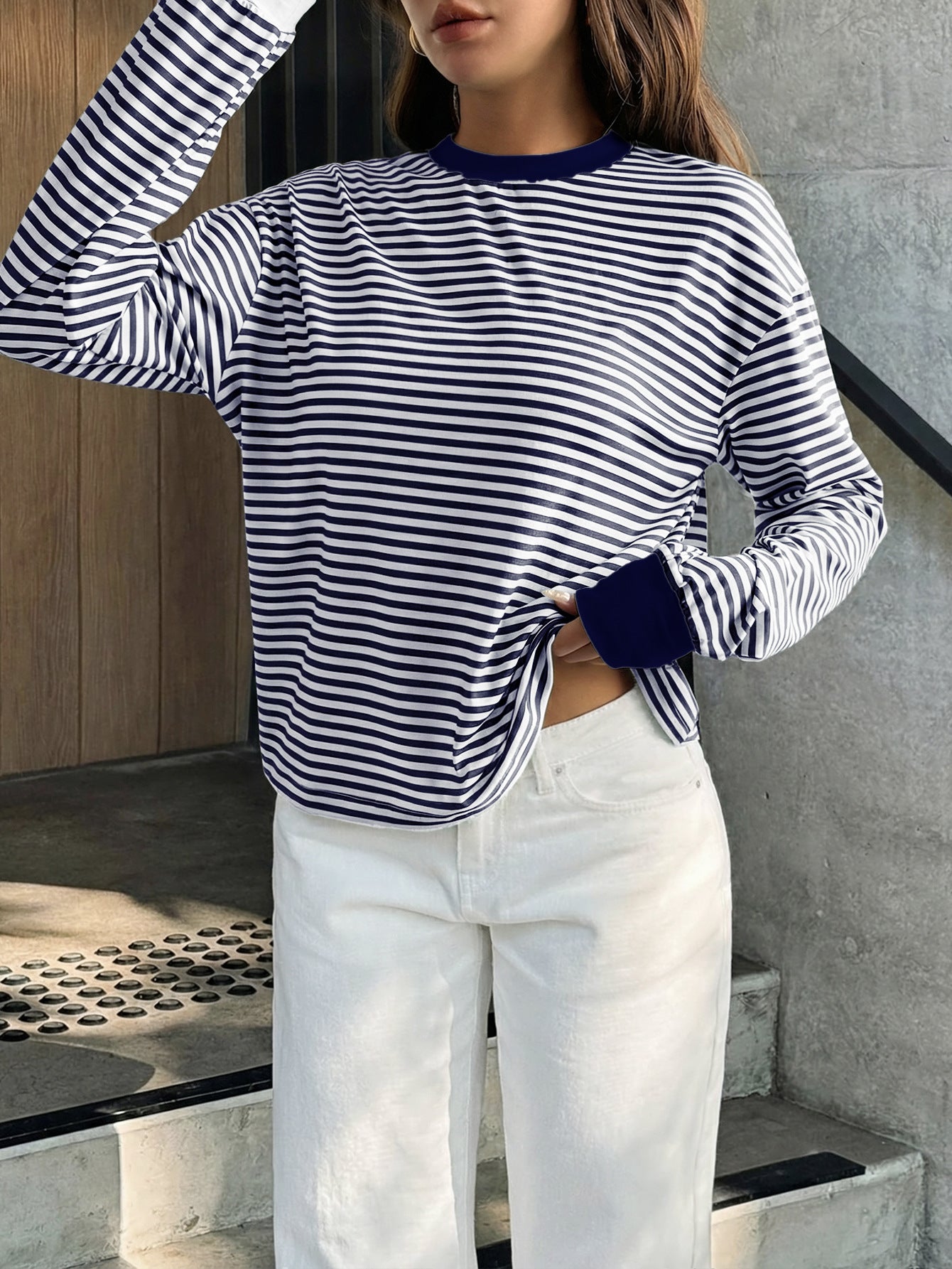 Pink Black Striped Long Sleeve Crew Neck Casual Tee