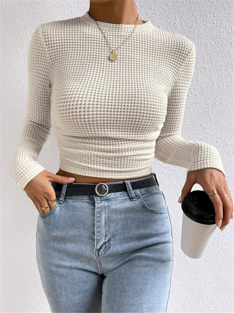 Women's Ruched Waffle Knit Long Sleeve Crop Top