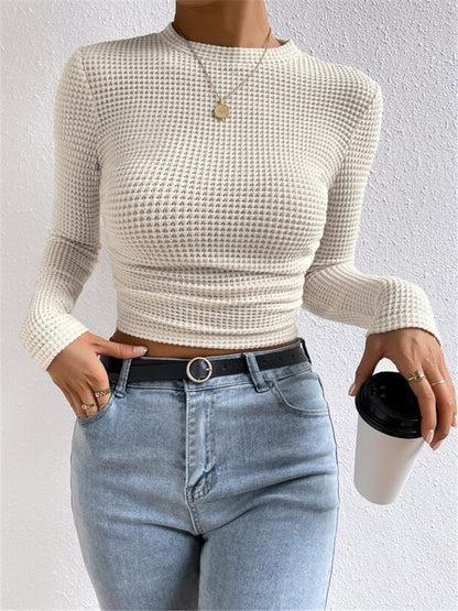 Women's Ruched Waffle Knit Long Sleeve Crop Top