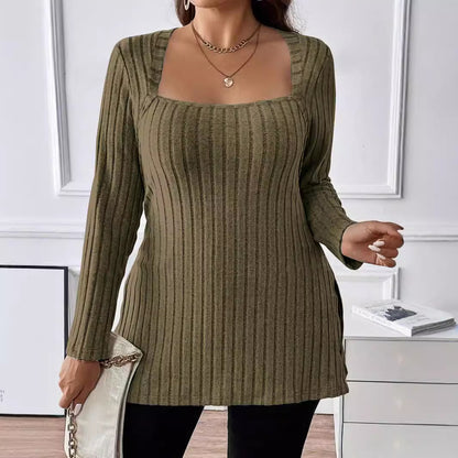 Plus Size Square Neck Ribbed Long Sleeve Side Slit Tunic