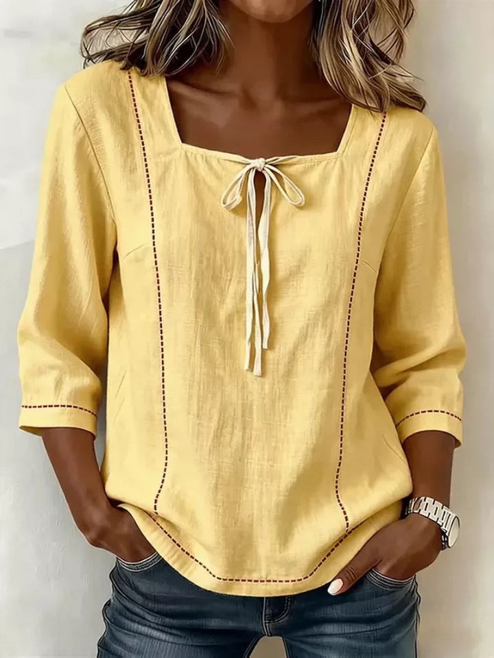 Women's Square Neck Tie Front 3/4 Sleeve Blouse Top