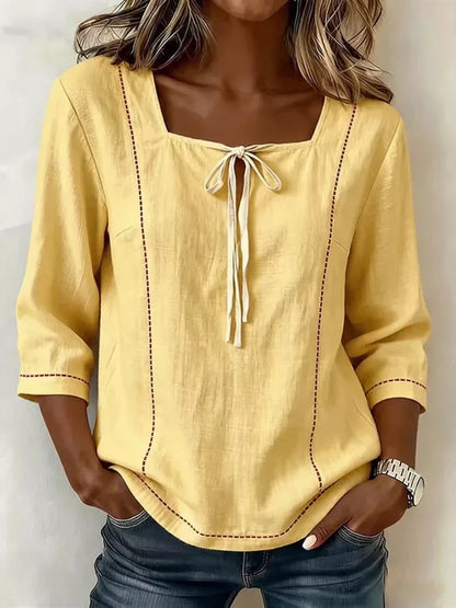 Women's Square Neck Tie Front 3/4 Sleeve Blouse Top