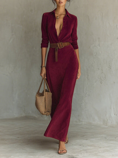 Faux Suede Belted Maxi Shirt Dress Long Sleeve