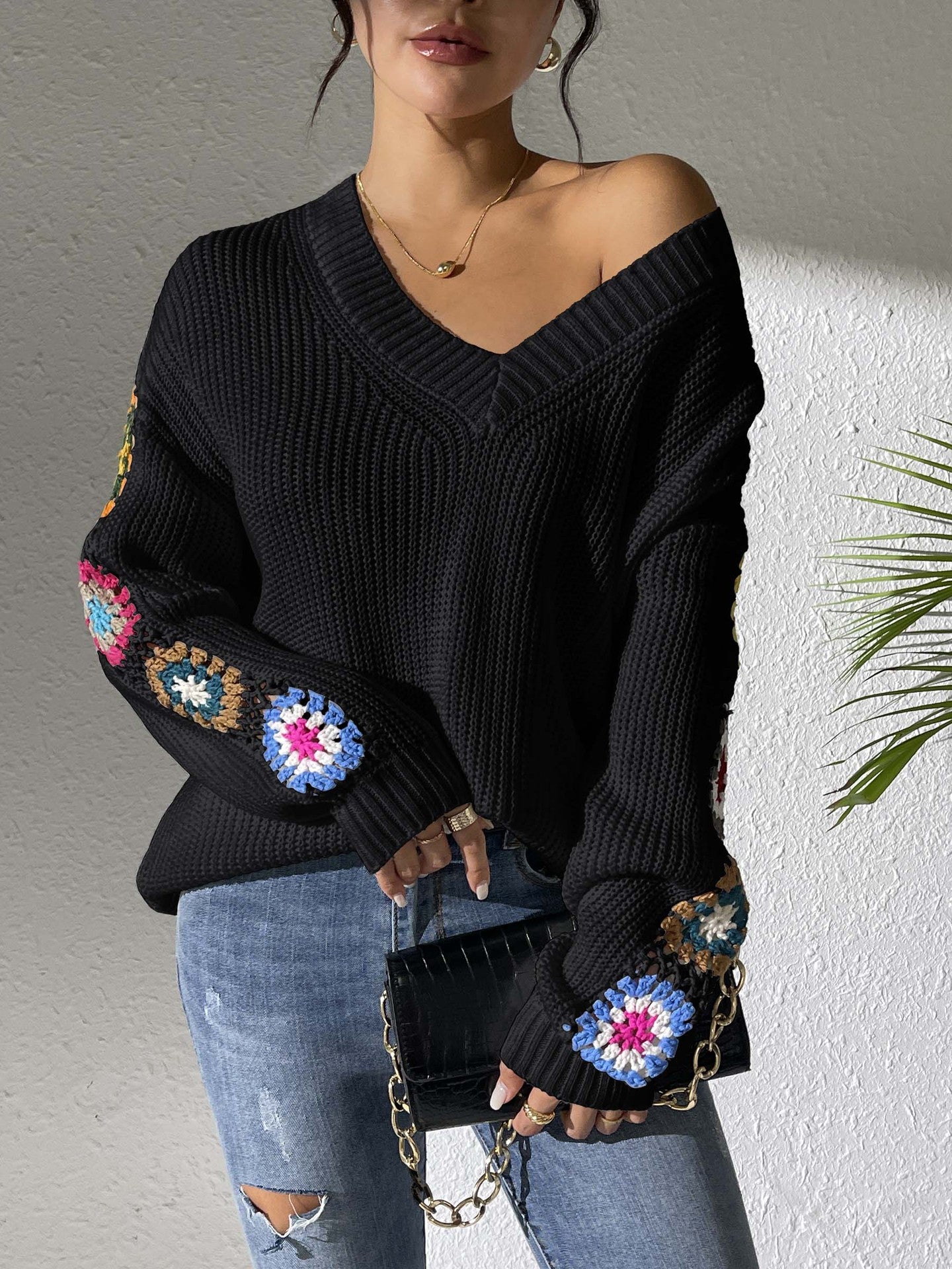 Women's Hand Hook Splicing Long Sleeve V-Neck Sweater Casual