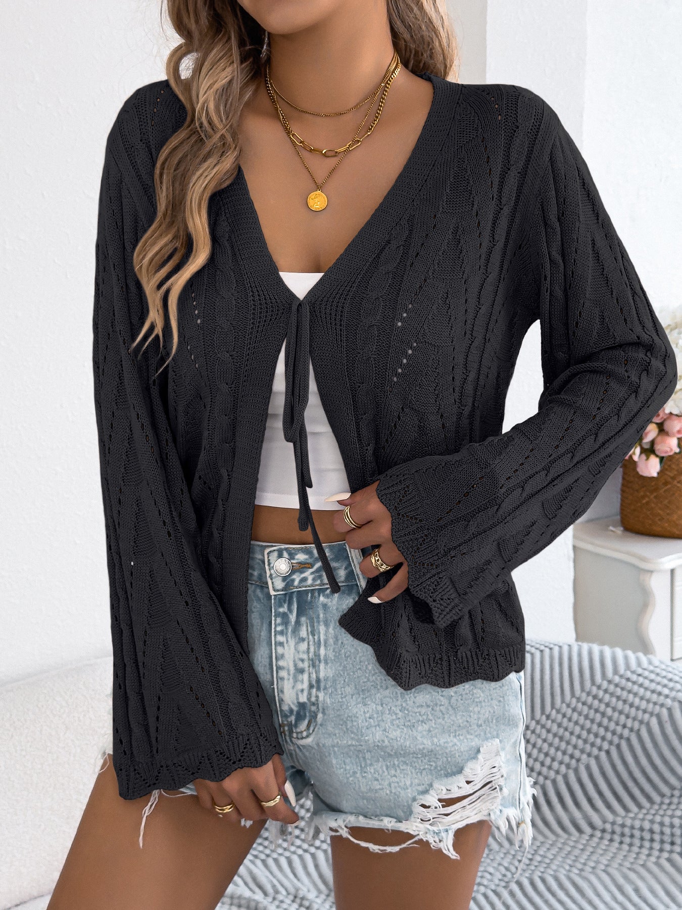 Solid Hollow Knit Tie-Front Bell Sleeve Cardigan