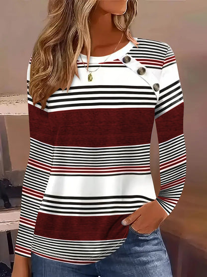 Women's Striped Color Block Button Long Sleeve Tunic Top