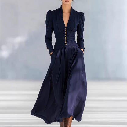 Elegant Satin V-Neck Puff Sleeve Ruched Formal Maxi Dress