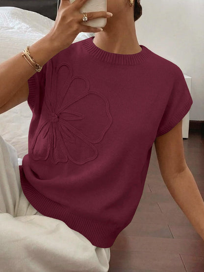 Floral Knit Sweater Short Sleeve Textured Summer Top
